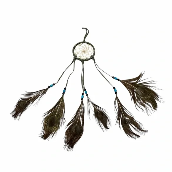 Handmade Sage Green Peacock Feather Hanging Dreamcatcher - Picture 9 of 14